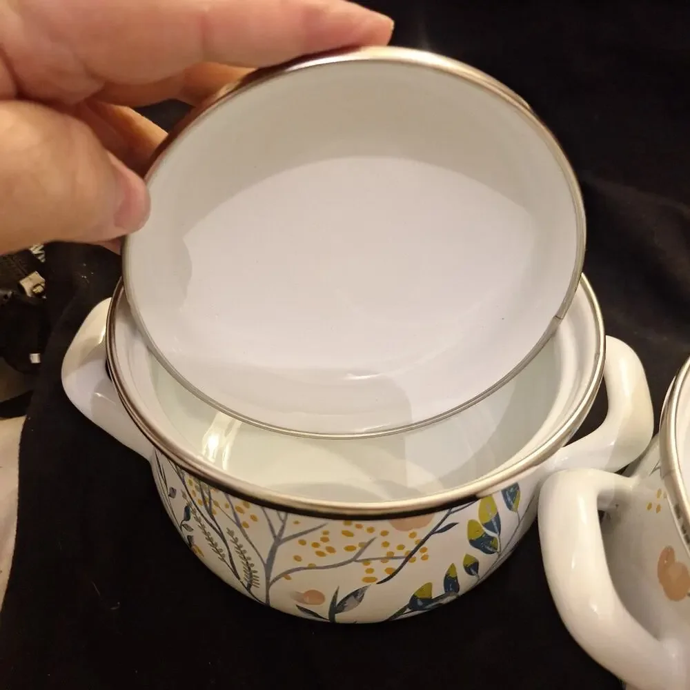 Crofton 1 Qt Enameled Steel Pot Floral with Lid Double Handles 2 Pots One Lid